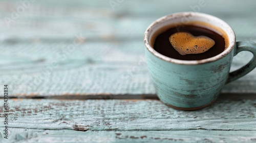 A rustic blue ceramic cup of dark coffee with heart-shaped foam on top is placed on a weathered wooden surface, creating a cozy, vintage ambiance.