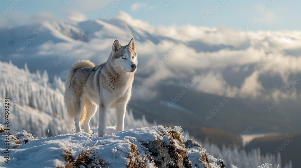 Naklejka premium A Siberian Husky stands on a snowy mountain, its blue eyes and thick fur blending with the snow. The dramatic scene perfectly showcases winter's beauty.