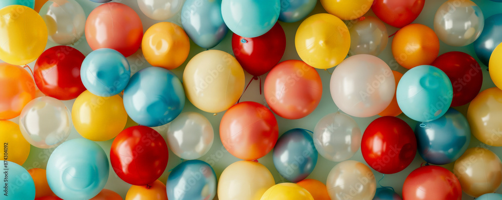 A lively scene of balloons in shades of red, yellow, blue, and green, arranged in a dynamic pattern against a light grey backdrop, creating a fun and festive atmosphere. A lively scene of balloons in shades of red, yellow, blue, and green, arranged in a dynamic pattern against a light grey backdrop, creating a fun and festive atmosphere.