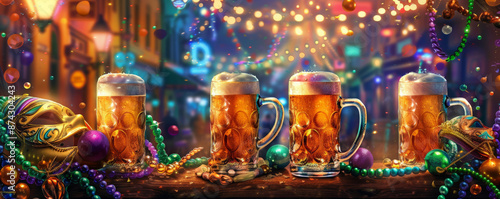 A Mardi Gras beer banner with frosty mugs, colorful beads, masks, and a festive street party backdrop.