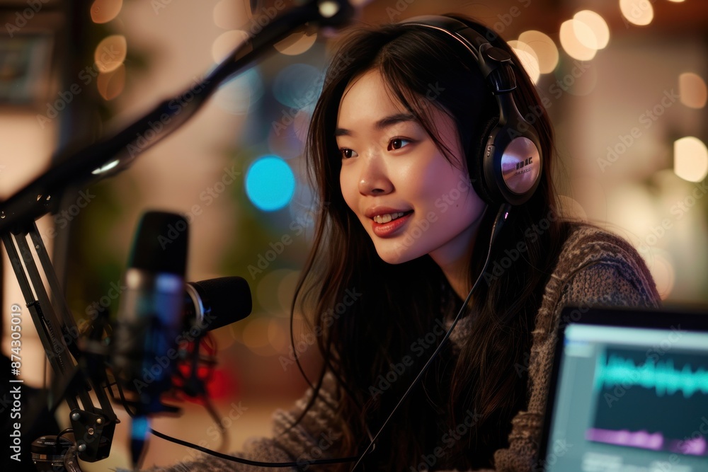 A woman wearing headphones is sitting in front of a microphone A woman wearing headphones is sitting in front of a microphone