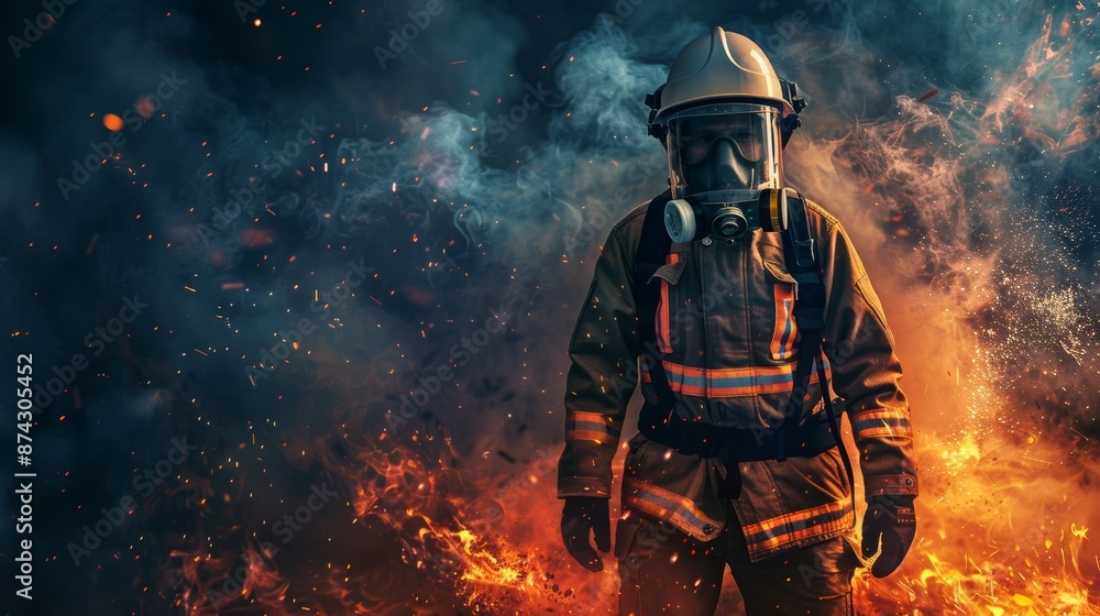 Fototapeta premium Professional Firefighter in Uniform and Oxygen Mask Standing Amid Fire Sparks and Smoke Against Dark Background. Courage and Heroism in Firefighting