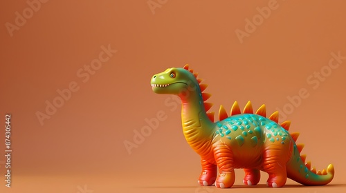 A colorful toy dinosaur against a brown background, providing space for text.