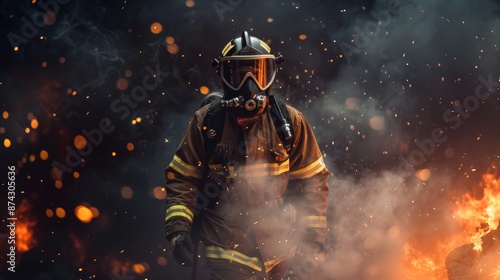 Professional Firefighter in Uniform and Oxygen Mask Standing Amid Fire Sparks and Smoke Against Dark Background. Courage and Heroism in Firefighting