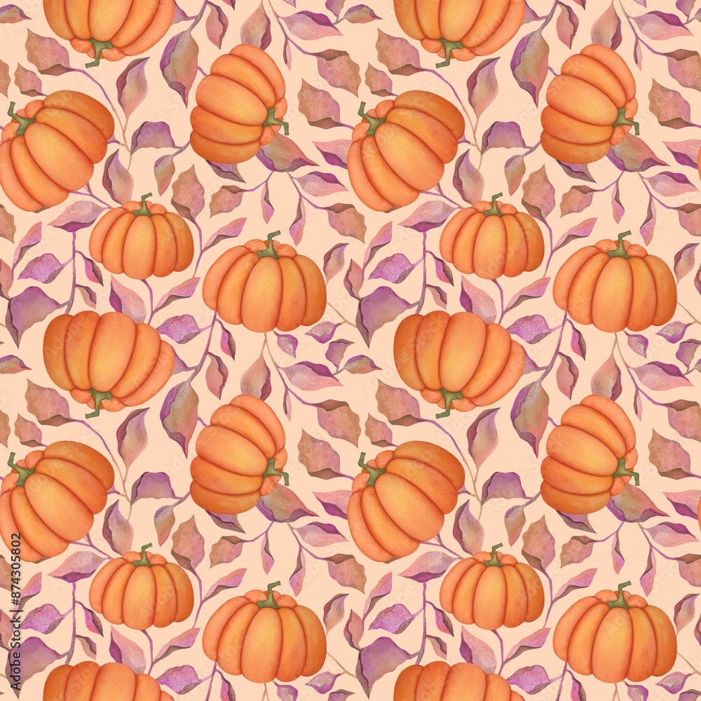 pumpkin seamless pattern in watercolor style. autumn square print on light pink and neutral orange background. happy thanksgiving and harvest card pumpkin seamless pattern in watercolor style. autumn square print on light pink and neutral orange background. happy thanksgiving and harvest card