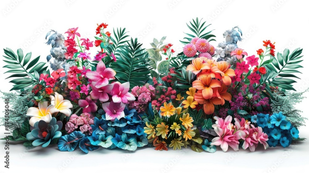 Vibrant tropical flower arrangement with pink, orange, blue, and yellow blooms. Vibrant tropical flower arrangement with pink, orange, blue, and yellow blooms.