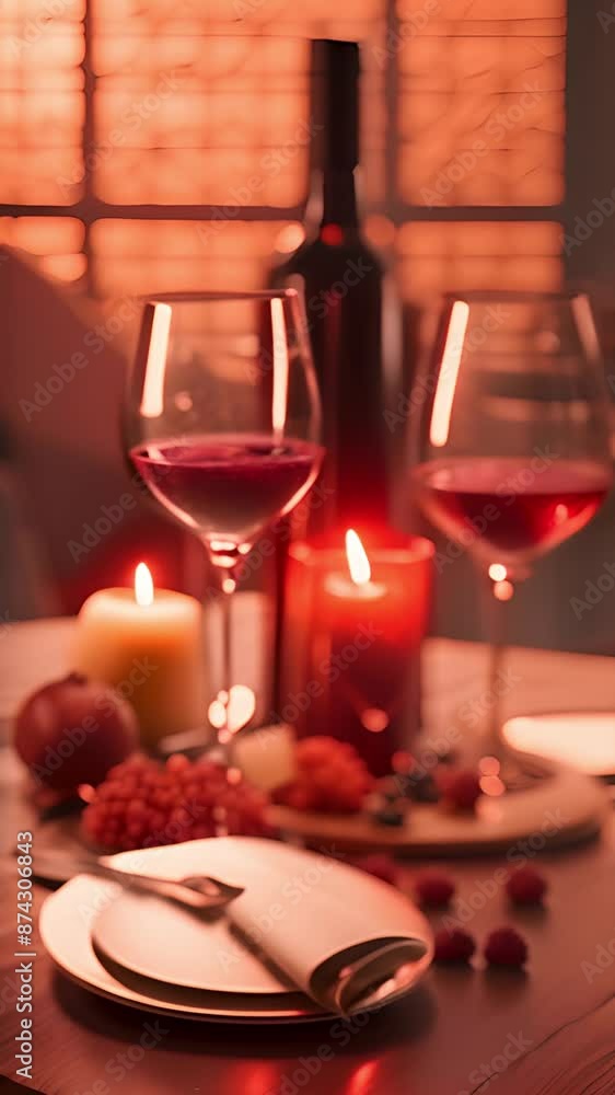 Romantic holiday evening with two red wine glasses in trendy restaurant on date, valentines day, tradition celebration. Vertical. Romantic holiday evening with two red wine glasses in trendy restaurant on date, valentines day, tradition celebration. Vertical.