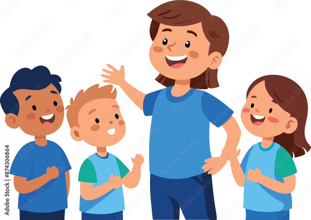 Happy children smiling and talking with teacher in a cheerful learning environment Happy children smiling and talking with teacher in a cheerful learning environment