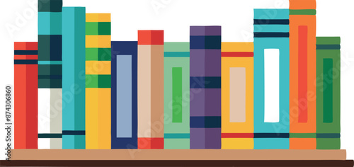 Colorful book shelf illustration with a variety of books in a simple and vibrant style
