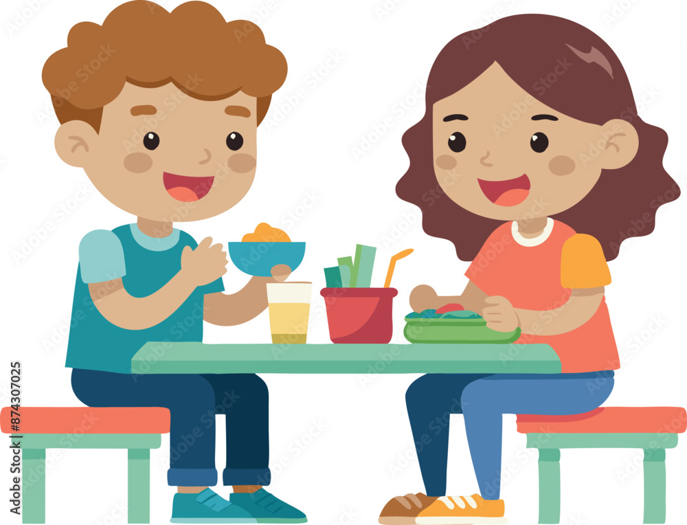 Cartoon of happy kids enjoying their lunch at a table Cartoon of happy kids enjoying their lunch at a table