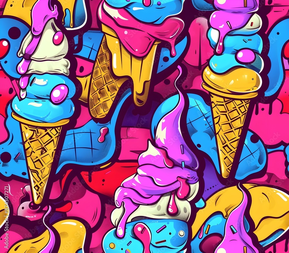 Vibrant Dripping Ice Cream Cones in a Psychedelic Pop Art Graffiti Pattern Vibrant Dripping Ice Cream Cones in a Psychedelic Pop Art Graffiti Pattern