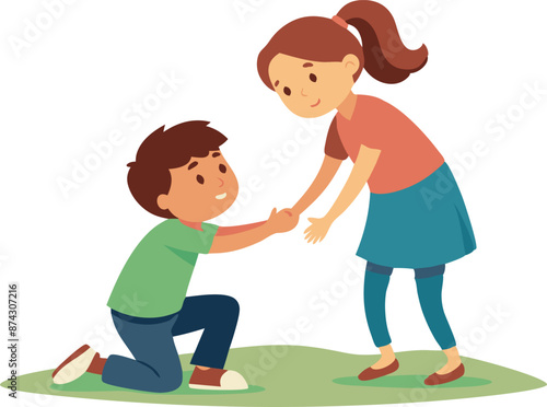 Girl helping boy to stand up after falling down