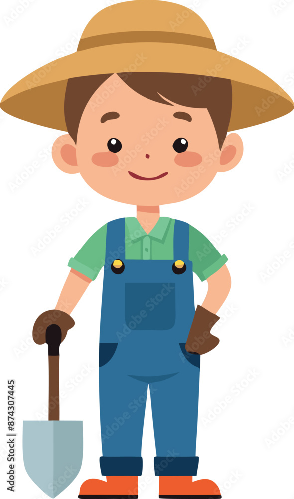 Obraz premium Cartoon farmer boy holding a shovel wearing a hat and overalls on a white background