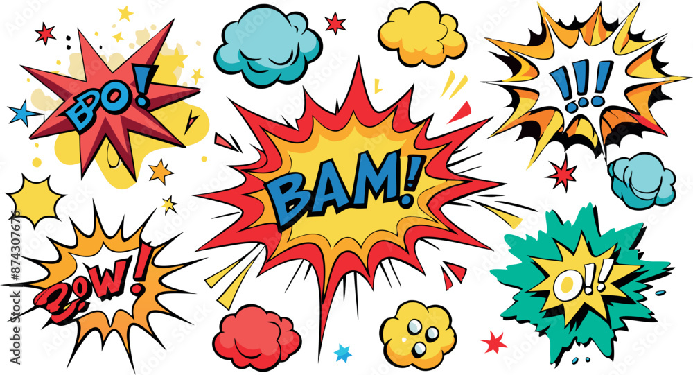 Fototapeta premium Comic-style explosion bubbles with dynamic expressions.