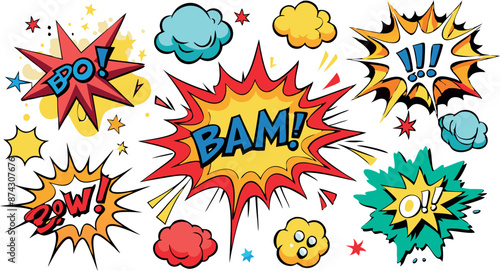 Comic-style explosion bubbles with dynamic expressions.
