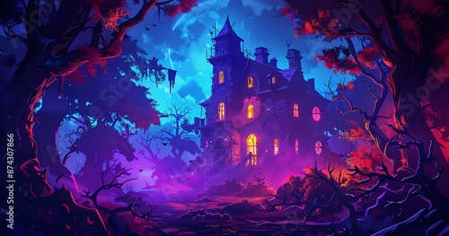 Haunted House in Eerie Forest at Night