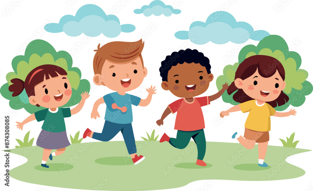 Group of happy children running in the park Group of happy children running in the park