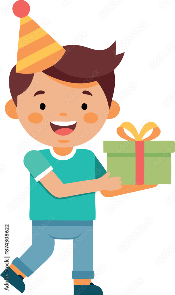 Happy boy holding a gift box wearing party hat and smiling at birthday celebration Happy boy holding a gift box wearing party hat and smiling at birthday celebration