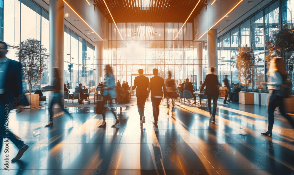 Modern Business Office with Blurred Motion People and Panoramic Windows Modern Business Office with Blurred Motion People and Panoramic Windows
