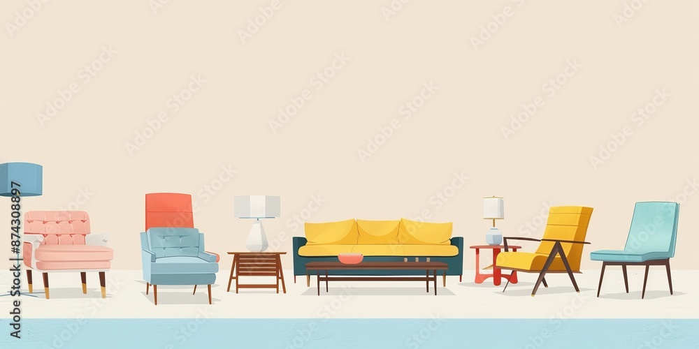Modern Furniture Collection on Pastel Background with Copy Space Modern Furniture Collection on Pastel Background with Copy Space