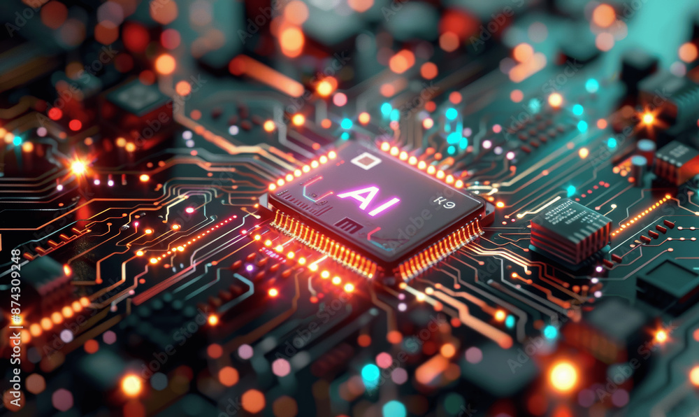 Futuristic Glowing AI Circuit Background with Microchips and Technology Elements Futuristic Glowing AI Circuit Background with Microchips and Technology Elements