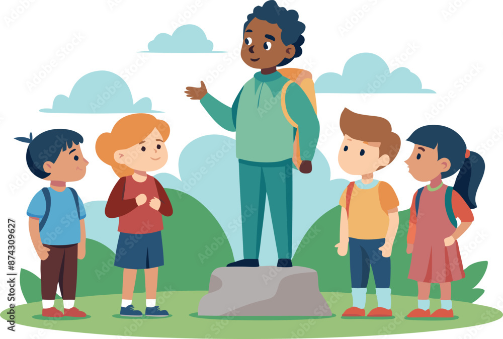 Young leader giving instructions to group of children during a hiking trip Young leader giving instructions to group of children during a hiking trip