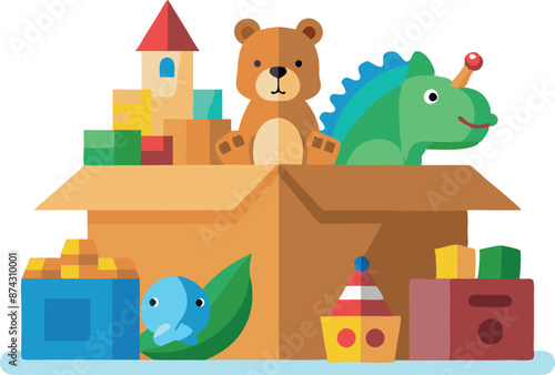 Brown cardboard box filled with colorful children's toys including teddy bear, dinosaur, building blocks, and various other playthings