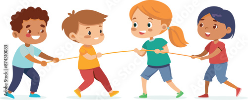 Happy children playing tug of war game, pulling rope together