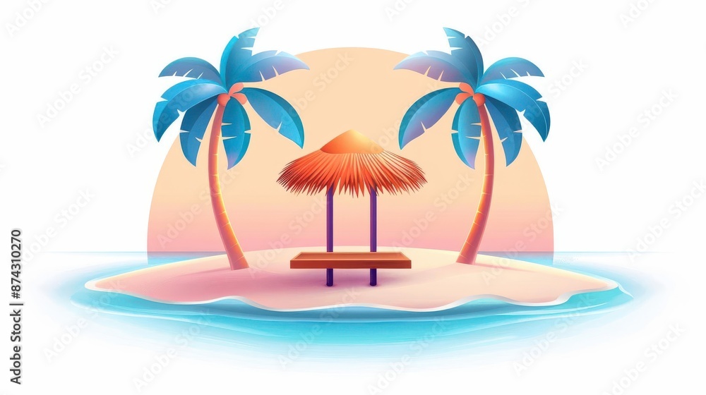 Illustration of a tranquil island with coconut trees, a sunset, and a beach hut. Perfect tropical vacation concept. Illustration of a tranquil island with coconut trees, a sunset, and a beach hut. Perfect tropical vacation concept.