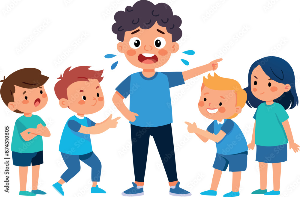Illustration of a bully pointing and shouting at three sad children with one looking away Illustration of a bully pointing and shouting at three sad children with one looking away