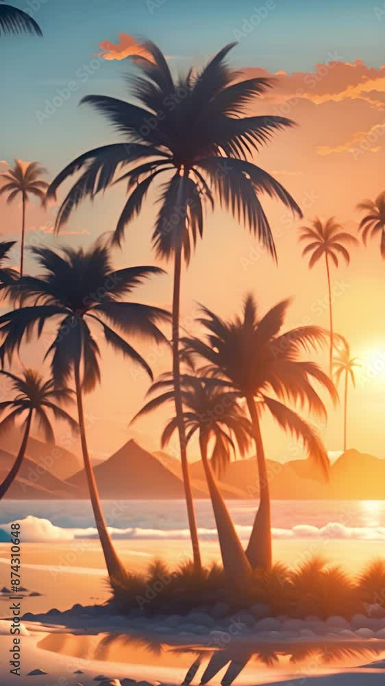 Conceptual art style of tropical island with palm trees on coast, with copy space for text, for travel and beach vacation trendy background. Vertical. Conceptual art style of tropical island with palm trees on coast, with copy space for text, for travel and beach vacation trendy background. Vertical.