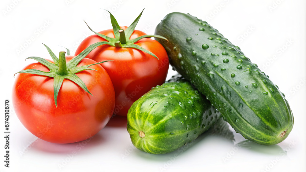 Two bright red tomatoes and two dark green cucumbers sit on a white background Two bright red tomatoes and two dark green cucumbers sit on a white background