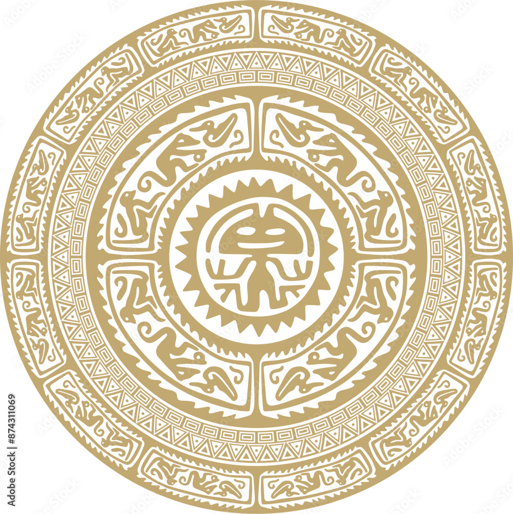 Native American vector round gold pattern. Geometric shapes in a circle. National ornament of the peoples of America, Maya, Aztecs, Inca Native American vector round gold pattern. Geometric shapes in a circle. National ornament of the peoples of America, Maya, Aztecs, Inca