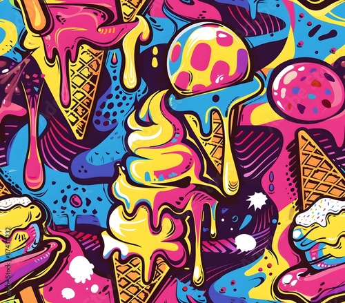 Vibrant Melting Ice Cream Cones in Dynamic Pop Art Graffiti Pattern