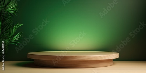Minimalistic wooden podium with tropical leaves for product showcase