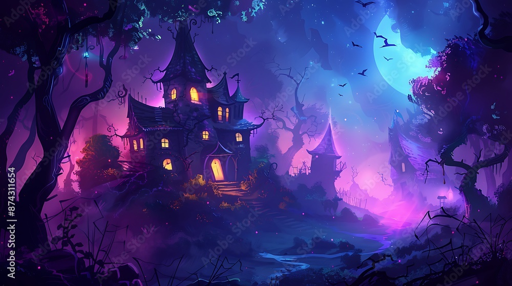 Mystical moonlit haunted house in an ethereal purple forest with bats Mystical moonlit haunted house in an ethereal purple forest with bats