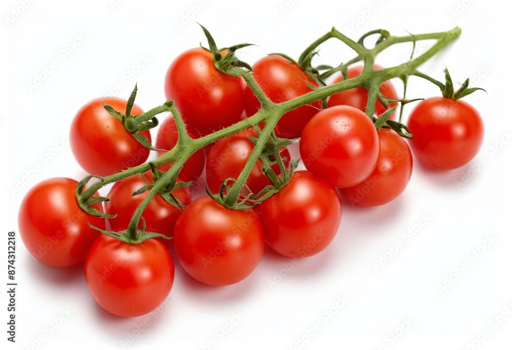 A vine of red ripe cherry tomatoes is displayed on a white background. The tomatoes are arranged in a cluster, showcasing their vibrant color and plumpness A vine of red ripe cherry tomatoes is displayed on a white background. The tomatoes are arranged in a cluster, showcasing their vibrant color and plumpness