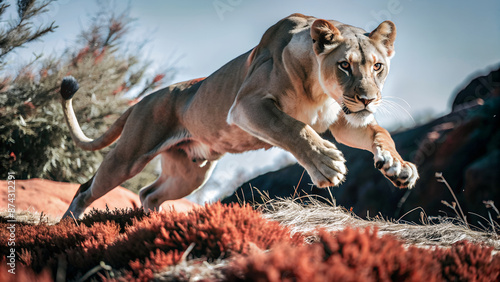 Capture a dynamic image of a lioness mid-leap in the savanna