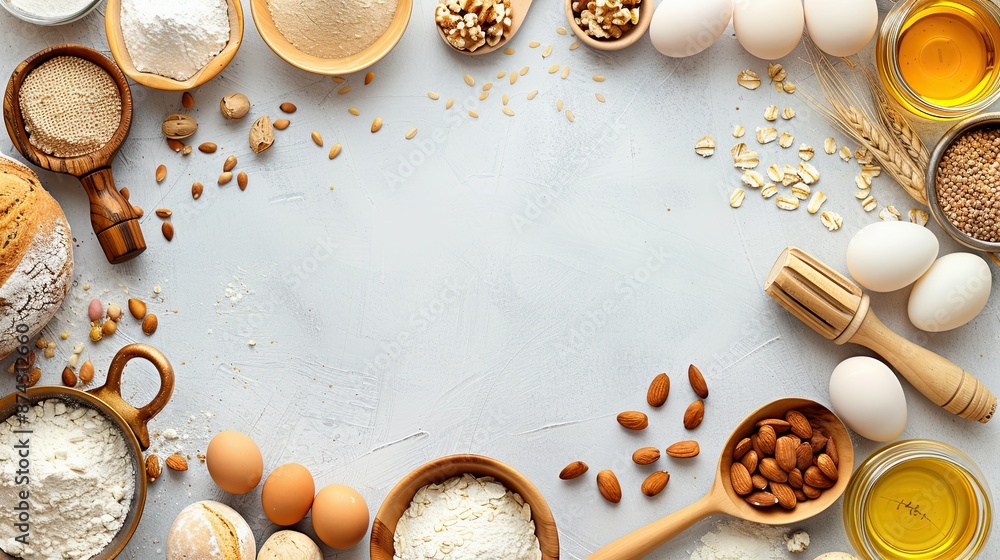 Realistic photography, top view of a clean surface which has traditional bakery items on it Realistic photography, top view of a clean surface which has traditional bakery items on it