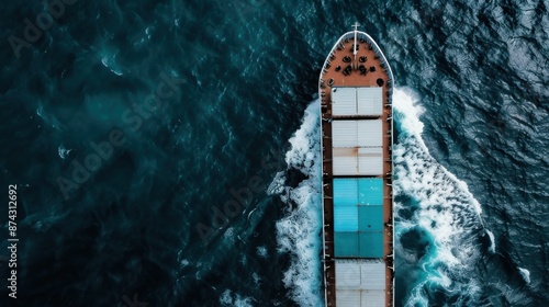 A freight ship cutting through the dark blue waters of the ocean, emphasizing the dynamic forces at play, as seen from a bird's eye view perspective. photo