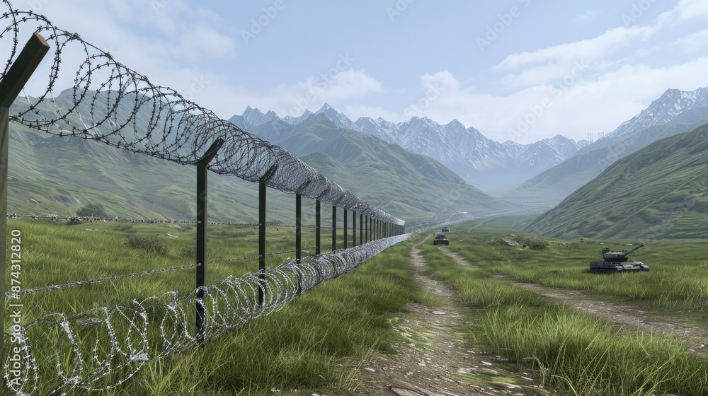 Fototapeta premium Razor Wire and Mountains: A Borderline Landscape