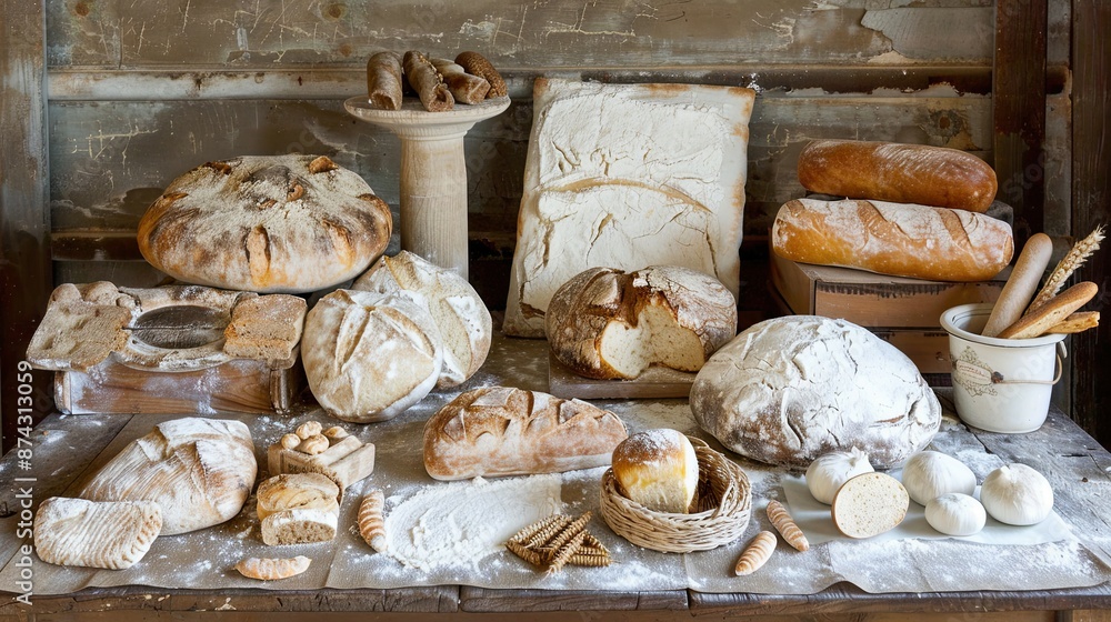 Realistic photography, top view of a clean surface which has traditional bakery items on it Realistic photography, top view of a clean surface which has traditional bakery items on it