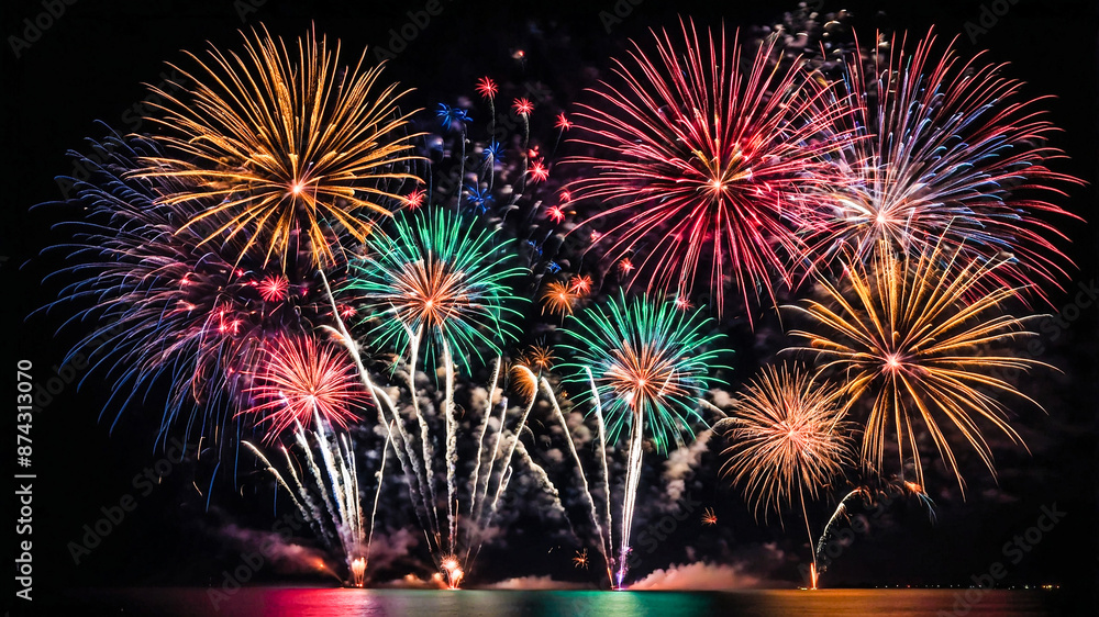 Vibrant fireworks light up the night sky over water, displaying an array of colors and patterns. Vibrant fireworks light up the night sky over water, displaying an array of colors and patterns.
