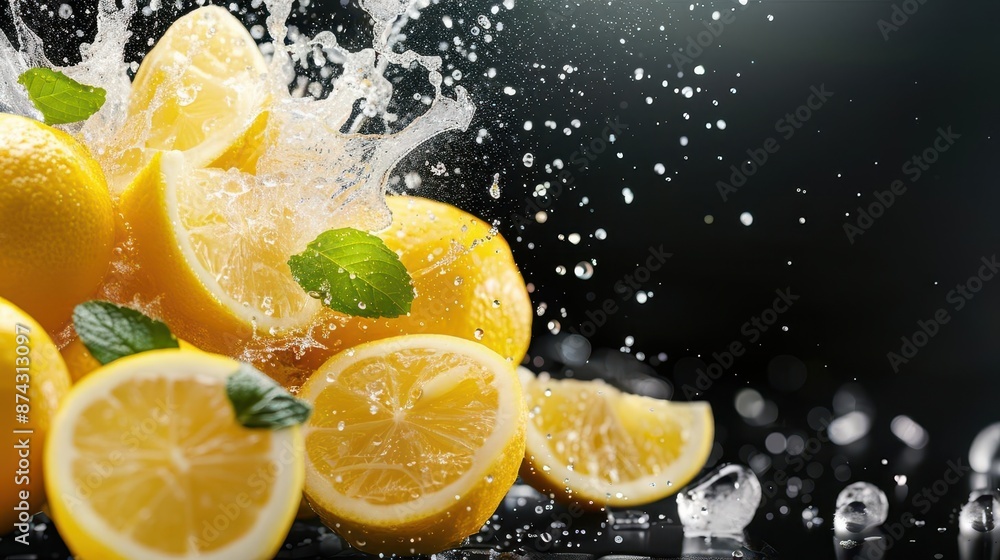 Fresh lemons with water splash and mint leaves on black background Fresh lemons with water splash and mint leaves on black background