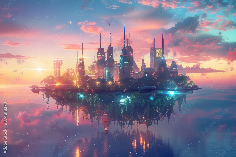 A vibrant futuristic cityscape floating above a calm, reflective water surface at sunset with colorful sky and clouds. A vibrant futuristic cityscape floating above a calm, reflective water surface at sunset with colorful sky and clouds.