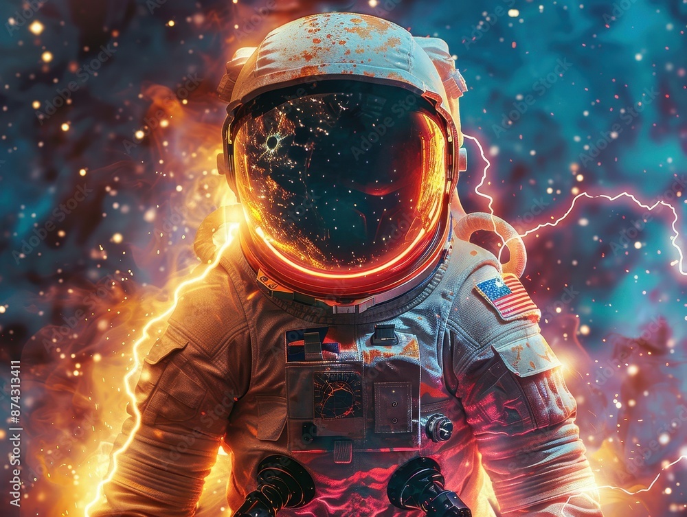 Astronaut in a spacesuit surrounded by vibrant cosmic lightning and stars, depicting space exploration and cosmic phenomena. Astronaut in a spacesuit surrounded by vibrant cosmic lightning and stars, depicting space exploration and cosmic phenomena.