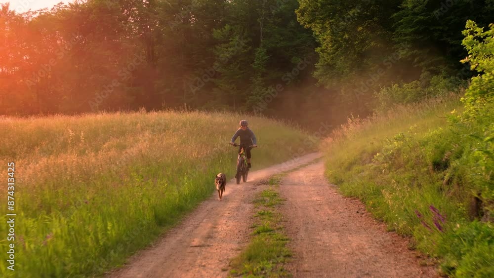 AERIAL, PORTRAIT: Female cyclist rides along a gravel trail through the beautiful countryside with her dog at sunset. Summer activity as golden setting sun casts a warm glow over the rural landscape. AERIAL, PORTRAIT: Female cyclist rides along a gravel trail through the beautiful countryside with her dog at sunset. Summer activity as golden setting sun casts a warm glow over the rural landscape.