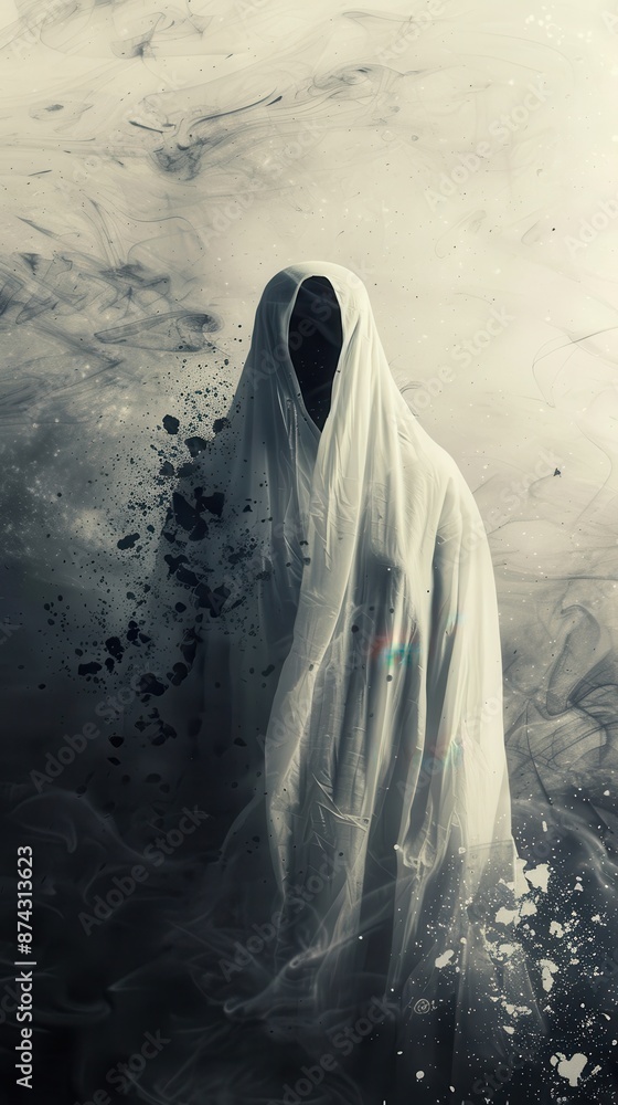 Ethereal ghostly figure draped in white fabric, surrounded by mist and shadows. Spooky and mysterious Halloween-themed imagery. Ethereal ghostly figure draped in white fabric, surrounded by mist and shadows. Spooky and mysterious Halloween-themed imagery.