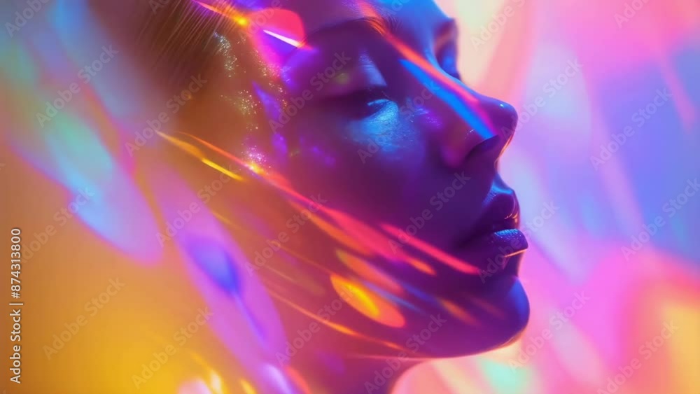 Close-up portrait of a young caucasian woman illuminated by vibrant, multicolored light patterns. The serene, artistic atmosphere emphasizes the interplay of light and shadow on her face. Close-up portrait of a young caucasian woman illuminated by vibrant, multicolored light patterns. The serene, artistic atmosphere emphasizes the interplay of light and shadow on her face.