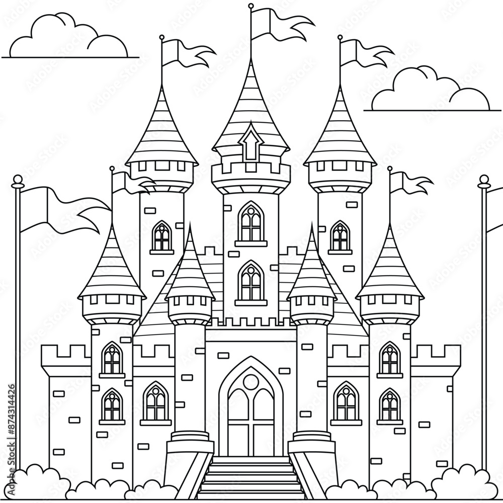 Obraz premium Cute castle outline coloring page for kids